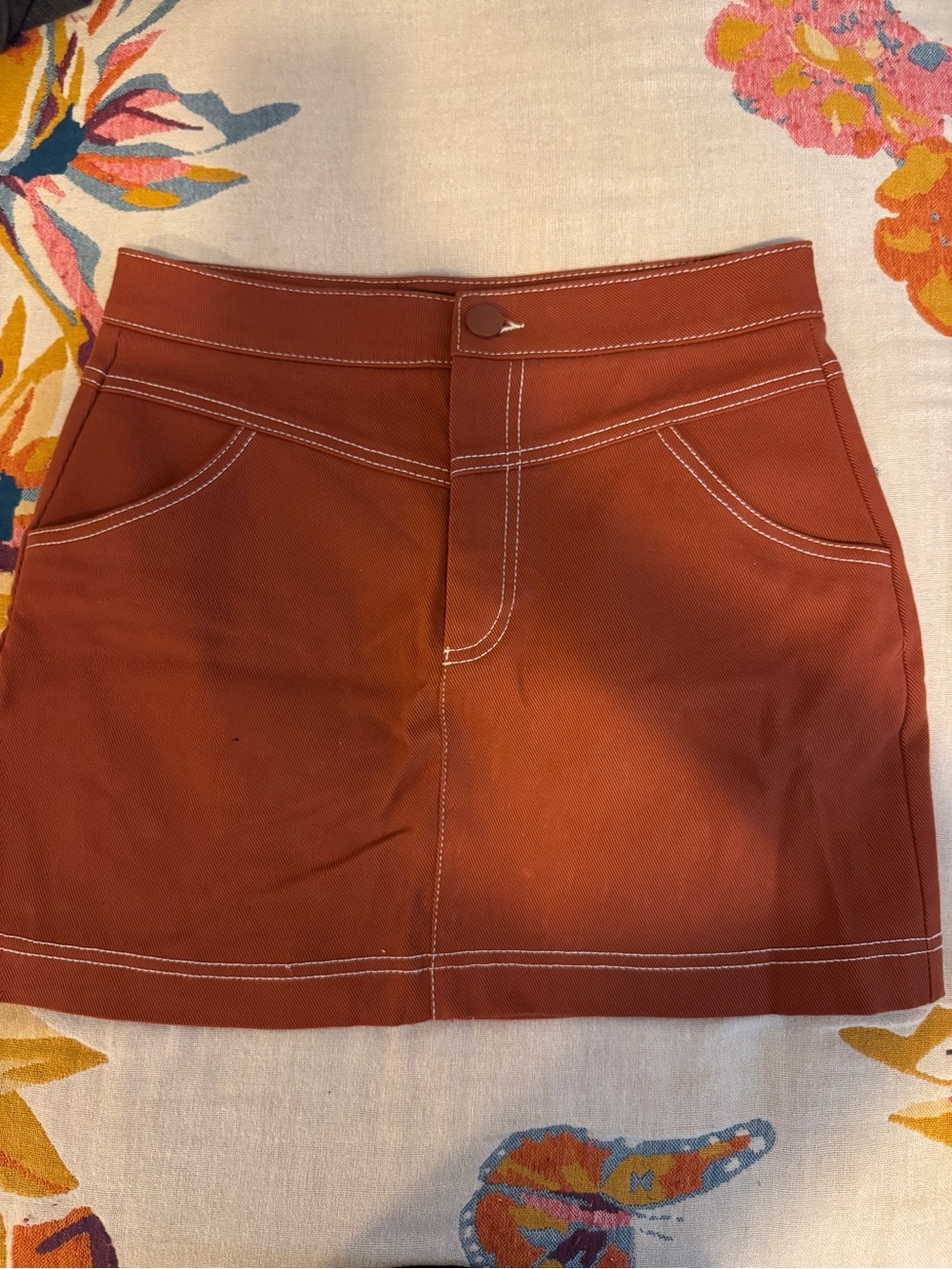 Zara Rust Mini Skirt with White Contrast Stitching